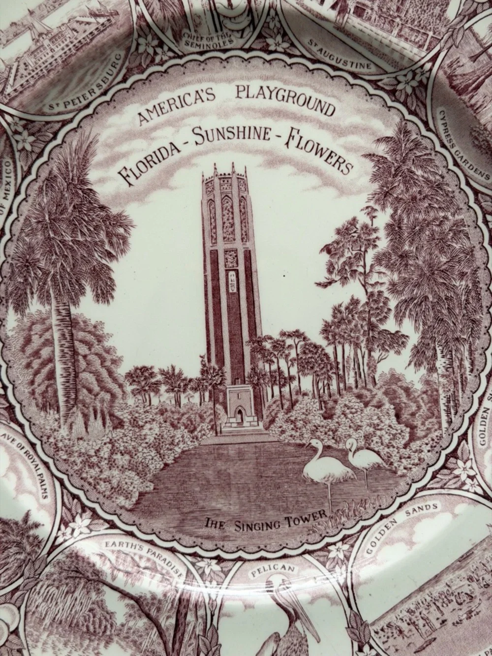 Vintage Florida State Plate Staffordshire Red Transferware Souvenir